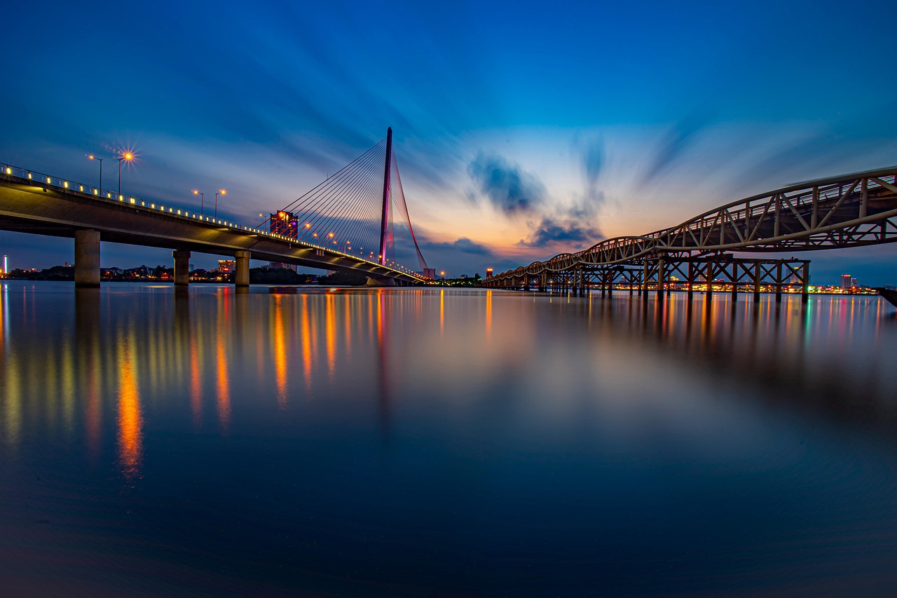 bridge, shine, sky, night sky, nature, vietnam, night